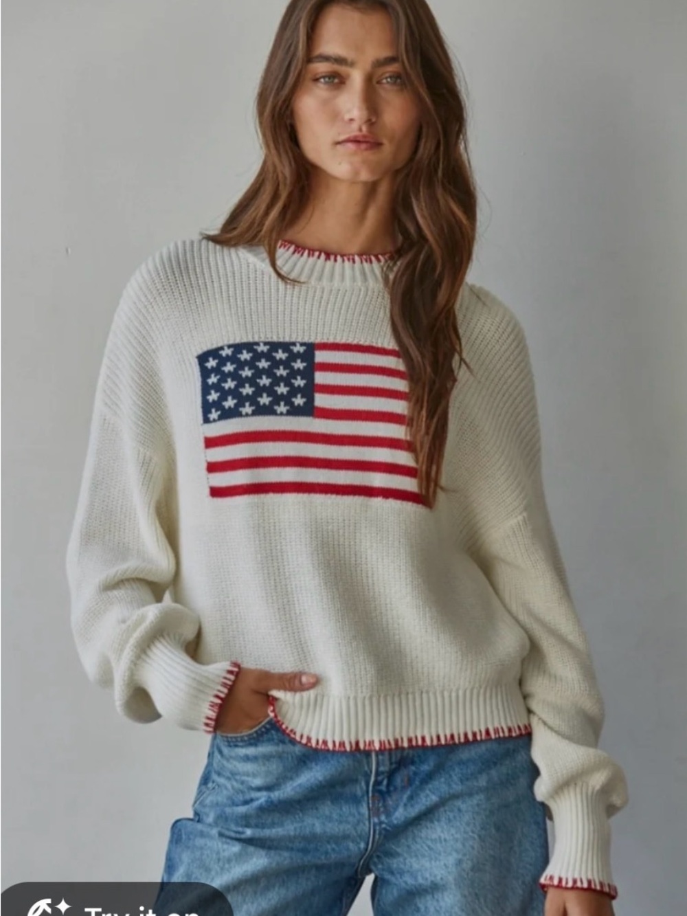 Altar'd State Cream Sweater with Red & Blue Flag Motif